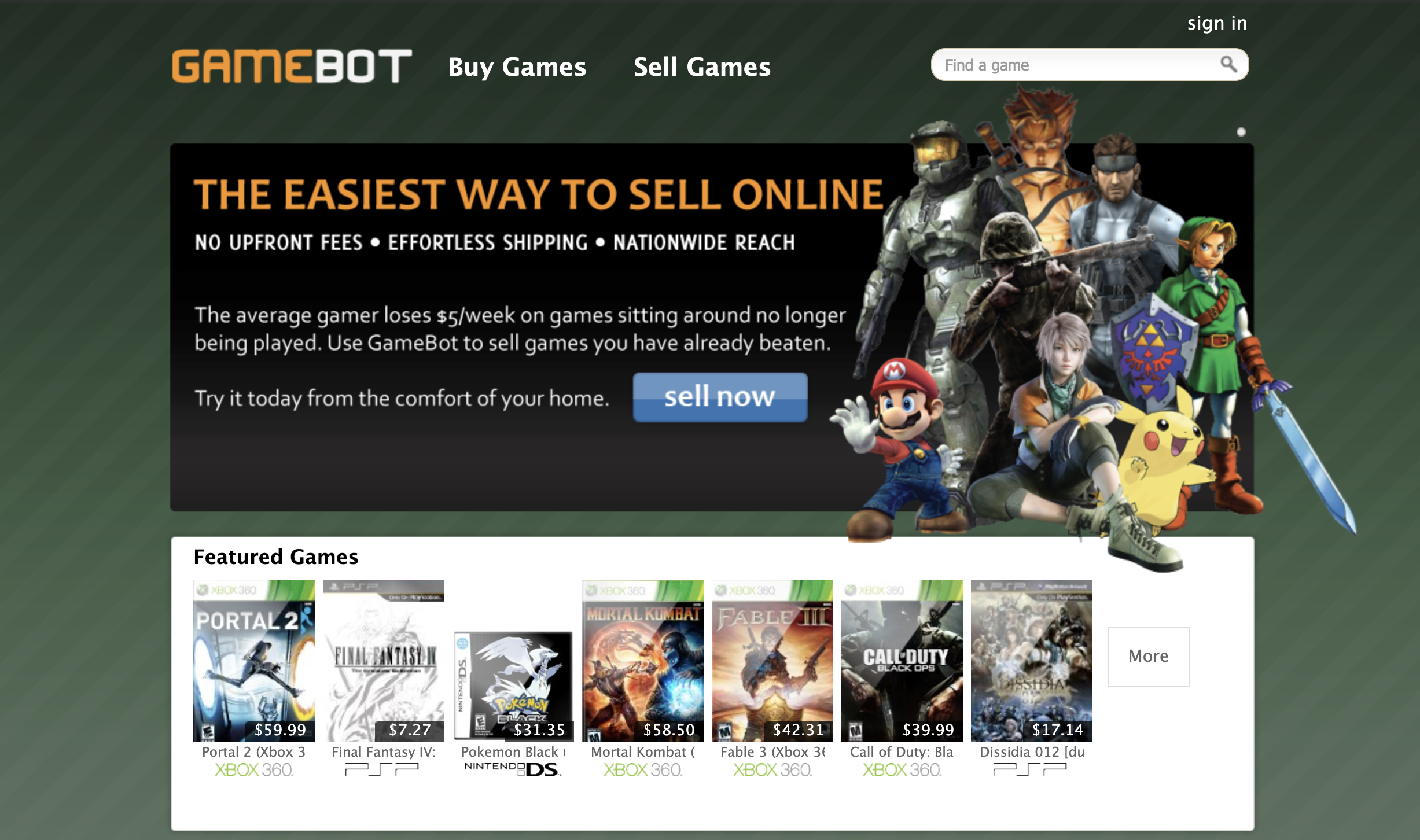 The GameBot.ca homepage: the GameBot logo with Buy Games and Sell Games navigation and a search box, a black hero banner reading 'The easiest way to sell online — no upfront fees, effortless shipping, nationwide reach' beside a lineup of video-game characters, and a Featured Games row.